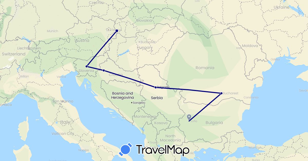 TravelMap itinerary: driving in Bulgaria, Croatia, Romania, Serbia, Slovenia, Slovakia (Europe)